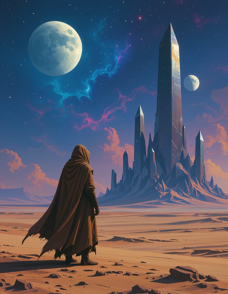 Alien Traveler Under Twin Moons: Sci-Fi Art