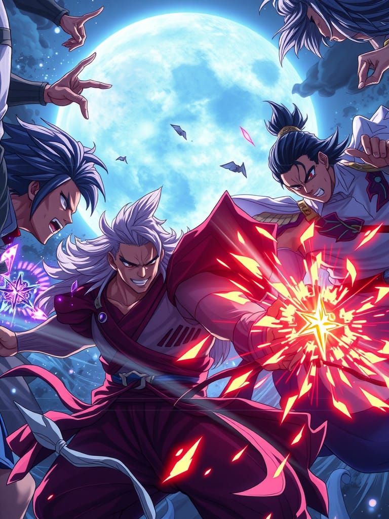 Warriors Clash in Dreamlike Anime Style Under Full Moonlight