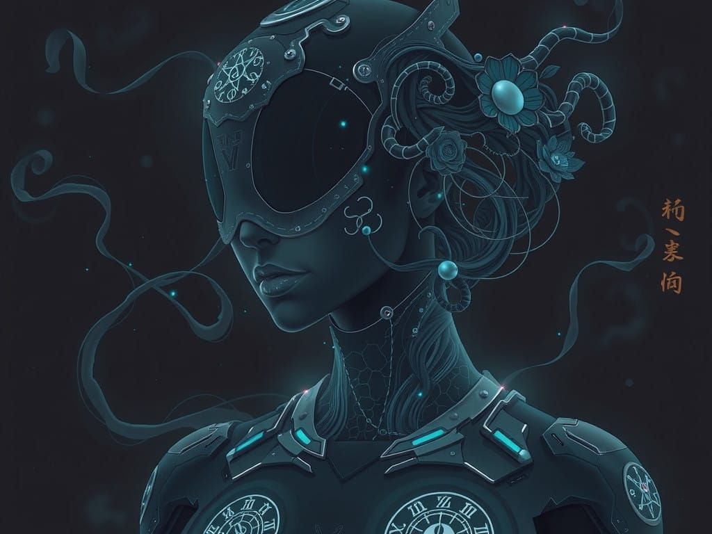 Dark Sorceress Gynoid Emerge from Emerald Mist in Cyberpunk ...