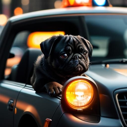 black pug driving a taxi
