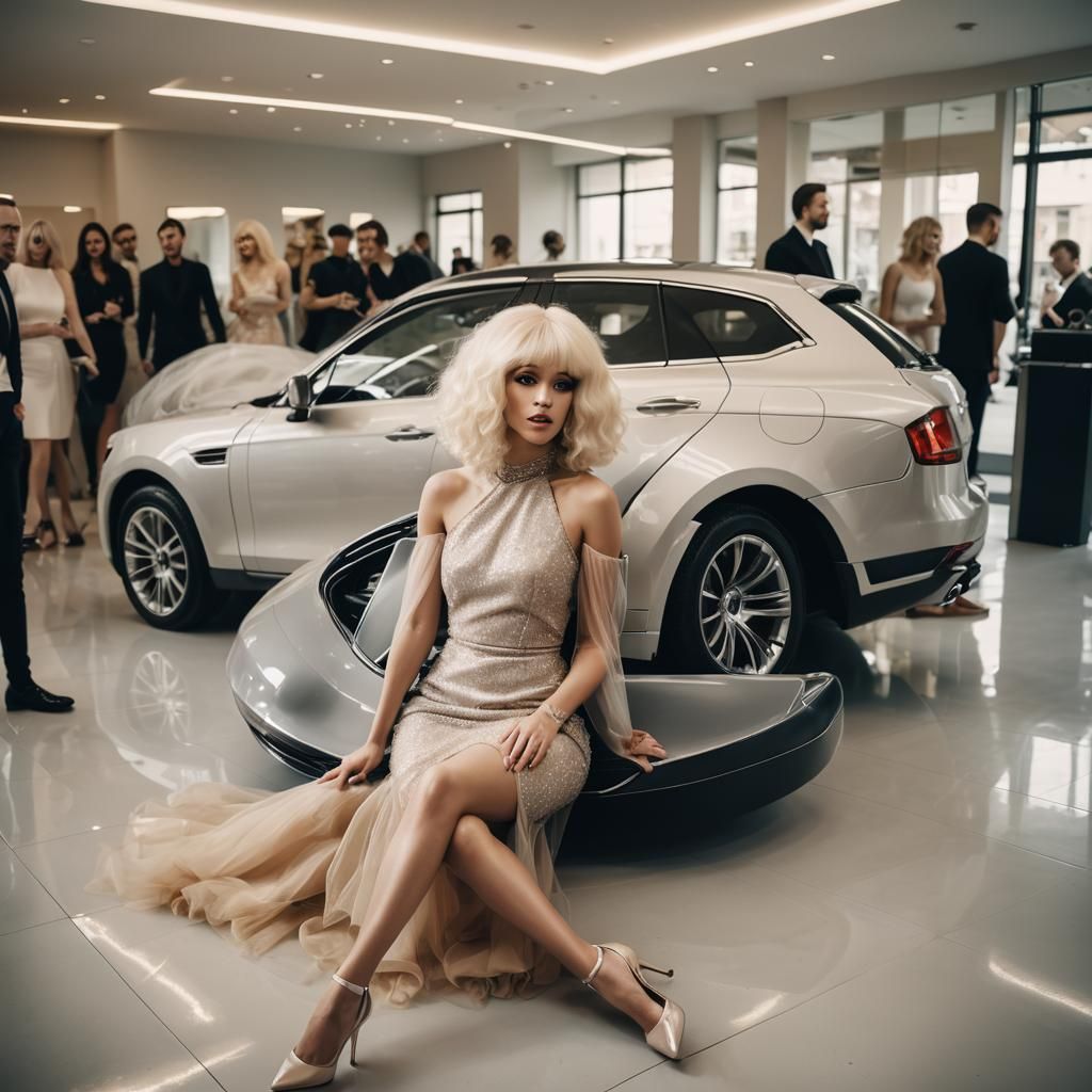 Crossdressing Model in Tulle Dress on Car, Fashion Photo