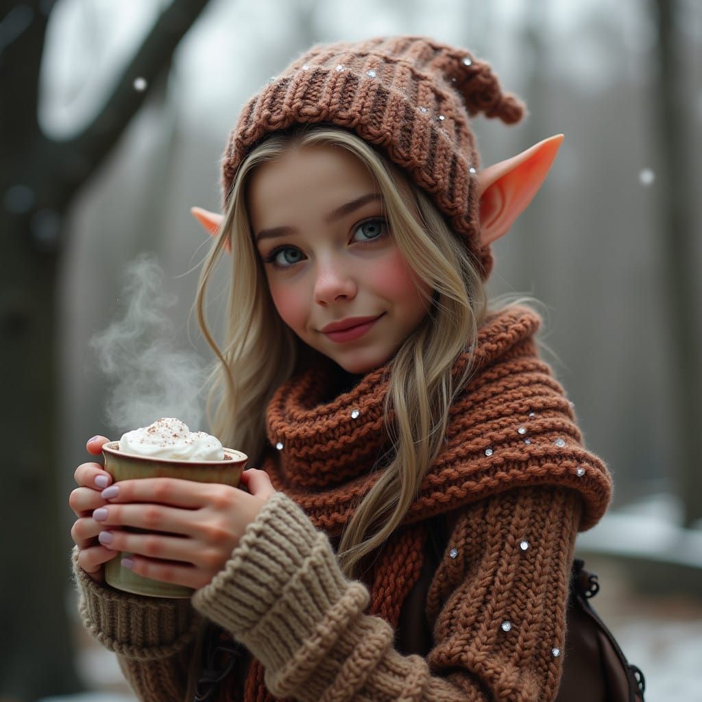 Fantasy Elf Sips Hot Cocoa in NYC's Central Park
