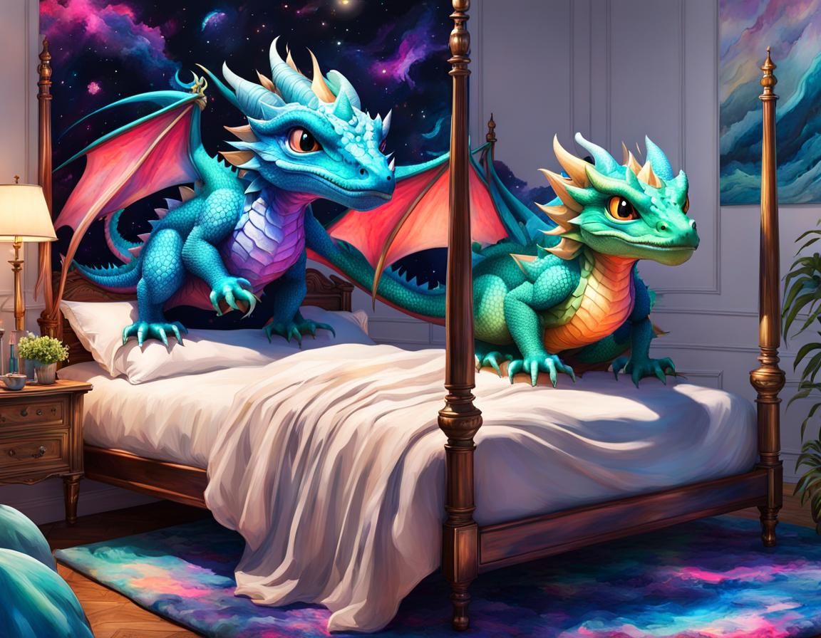 Chibi Dragons Jumping on Bed, Digital Watercolor