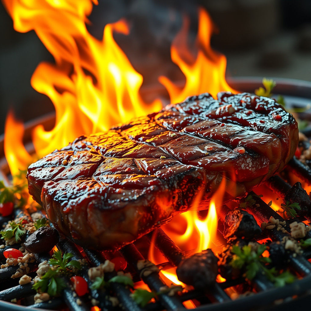 Char-Grilled Steak with Flames in Detailed Matte Painting