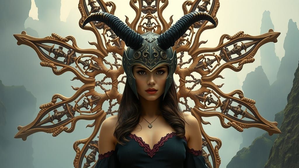 Majestic Woman with Horned Helmet in Surreal Style