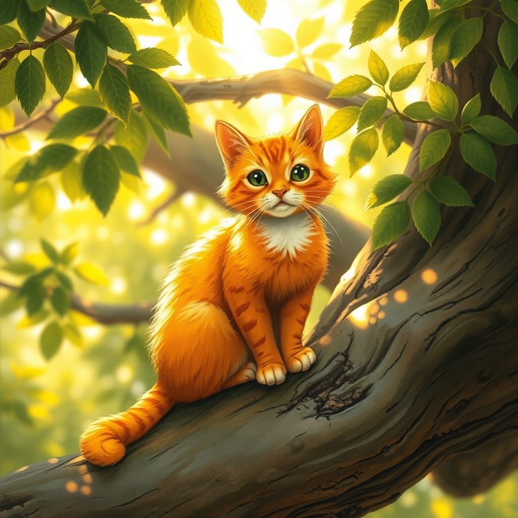 Orange Cat on Branch in Whimsical Style