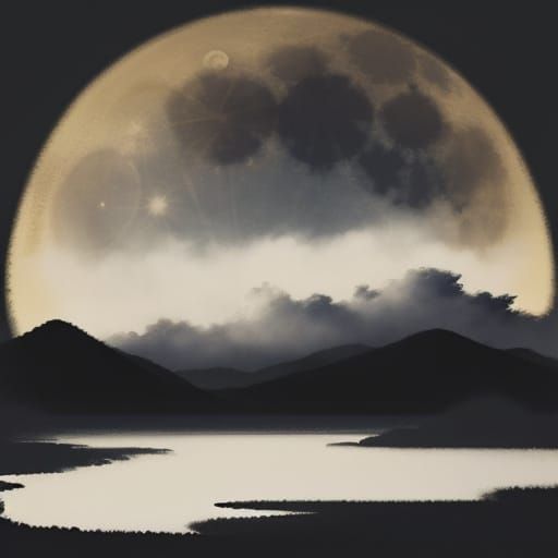 Giant Moon in Clouds: Japanese Ink Painting