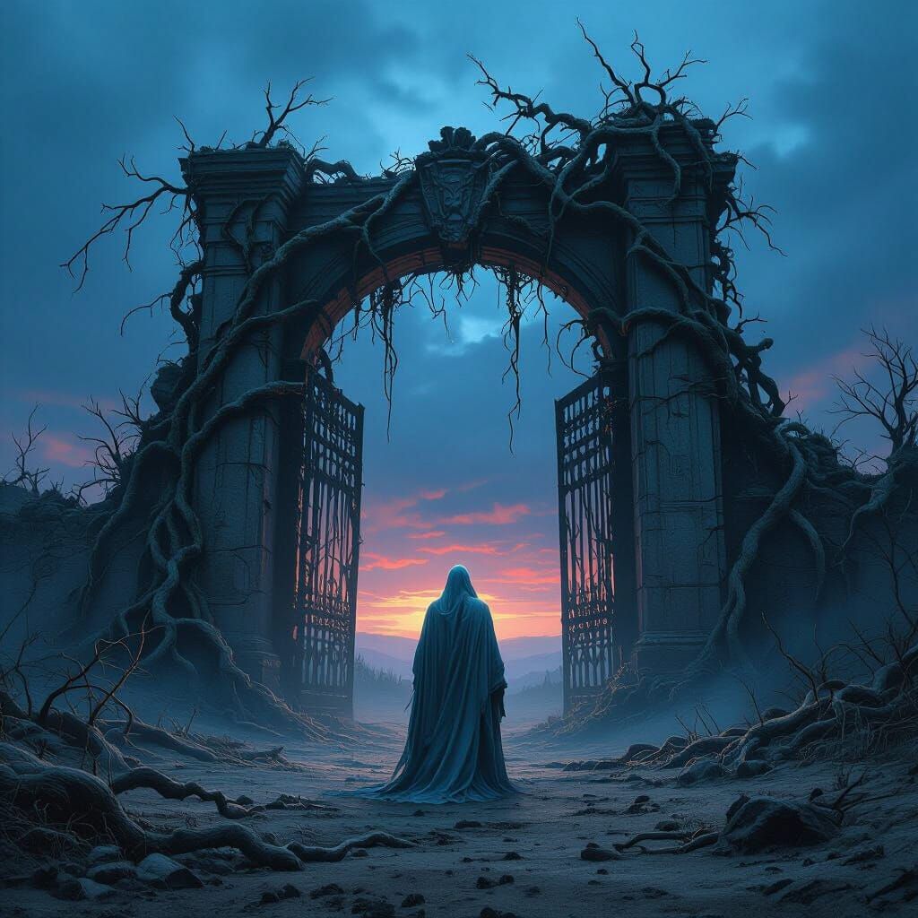 A solitary spectral figure stands before a colossal, crumbli...