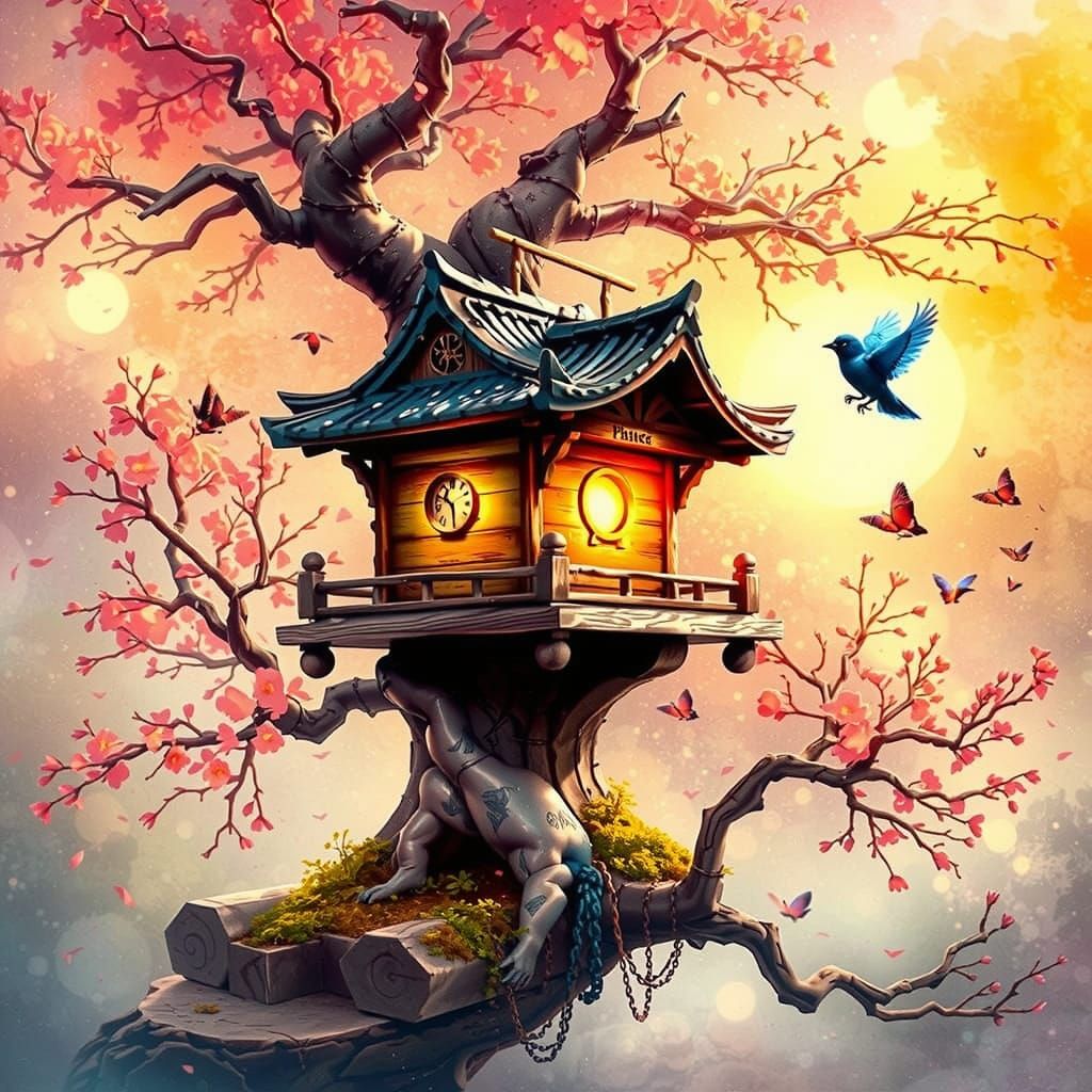 Magical Birdhouse in Bonsai Tree: Fantasy Scene