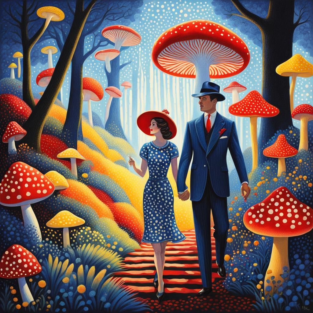 Surreal Mushroom Forest Landscape in Pointillist Style