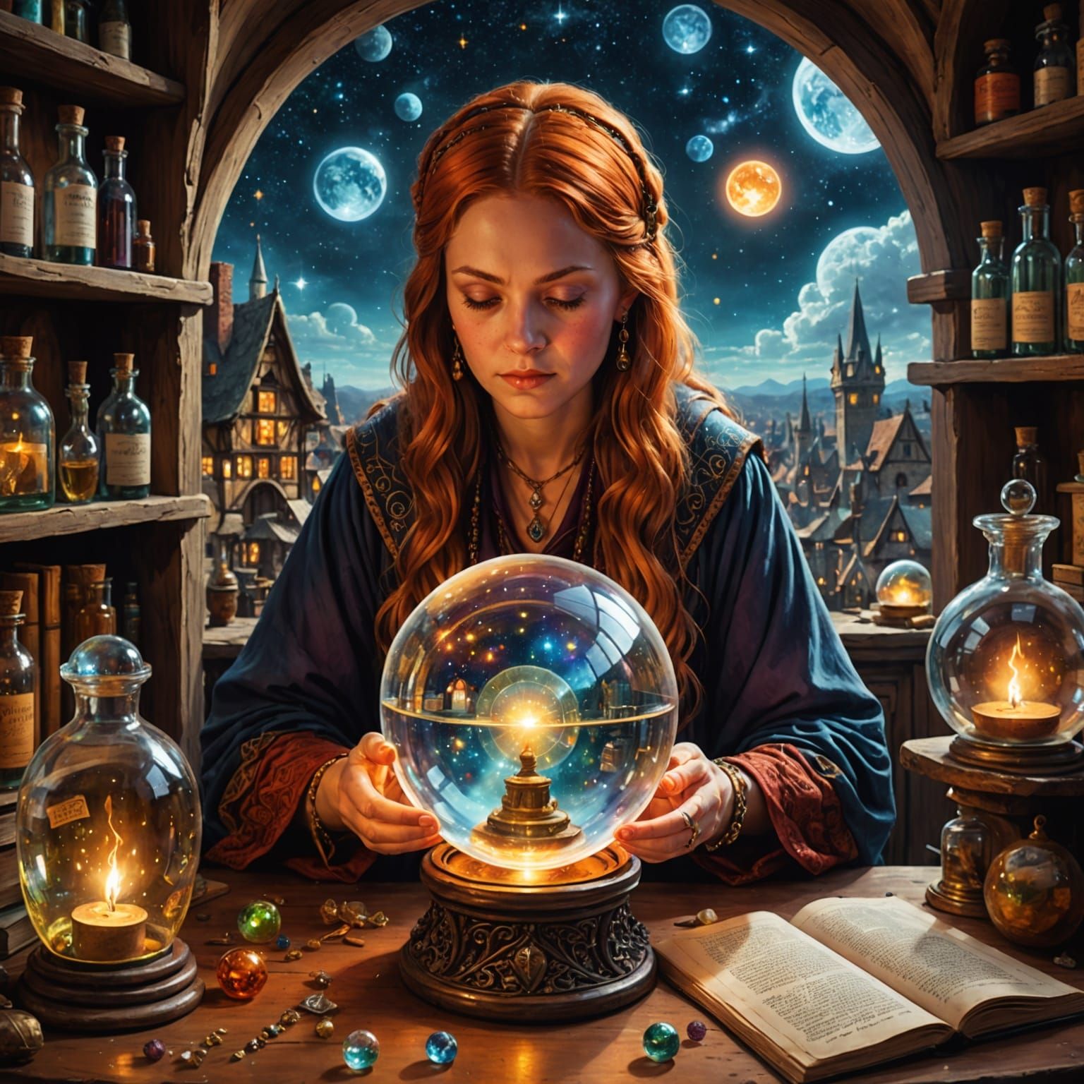 Cosmic Fortune Teller in Apothecary Dreamscape