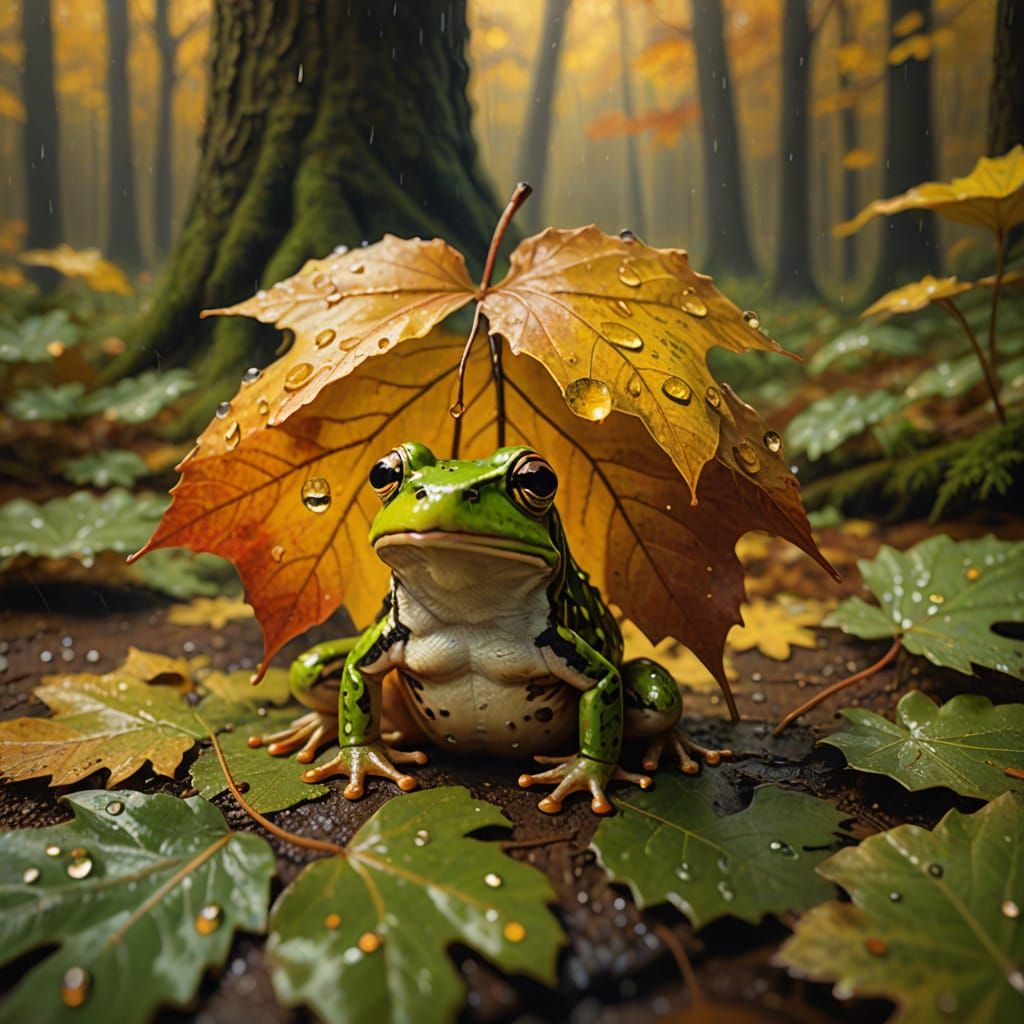 Frog Sheltering Under Maple Leaf in Autumn Rain