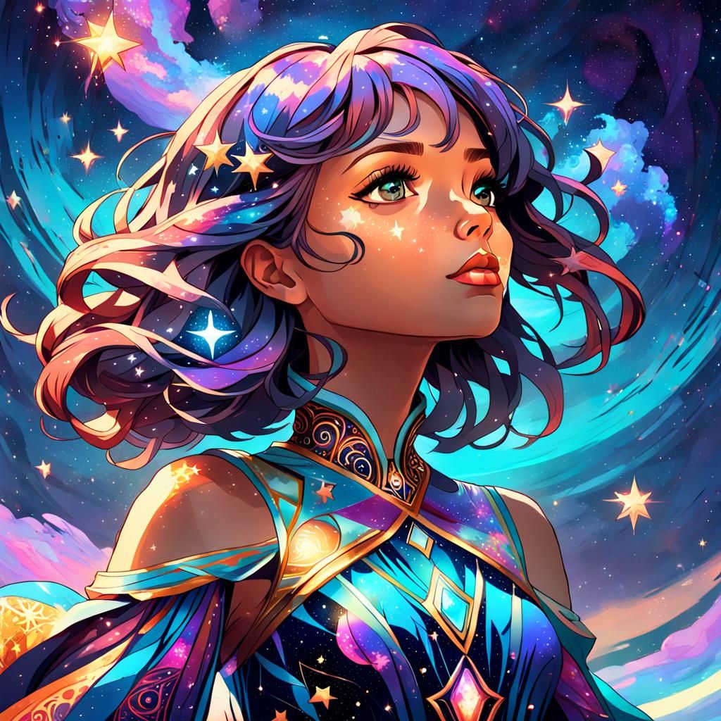 Girl in Galaxy Dress Gazing at Stars