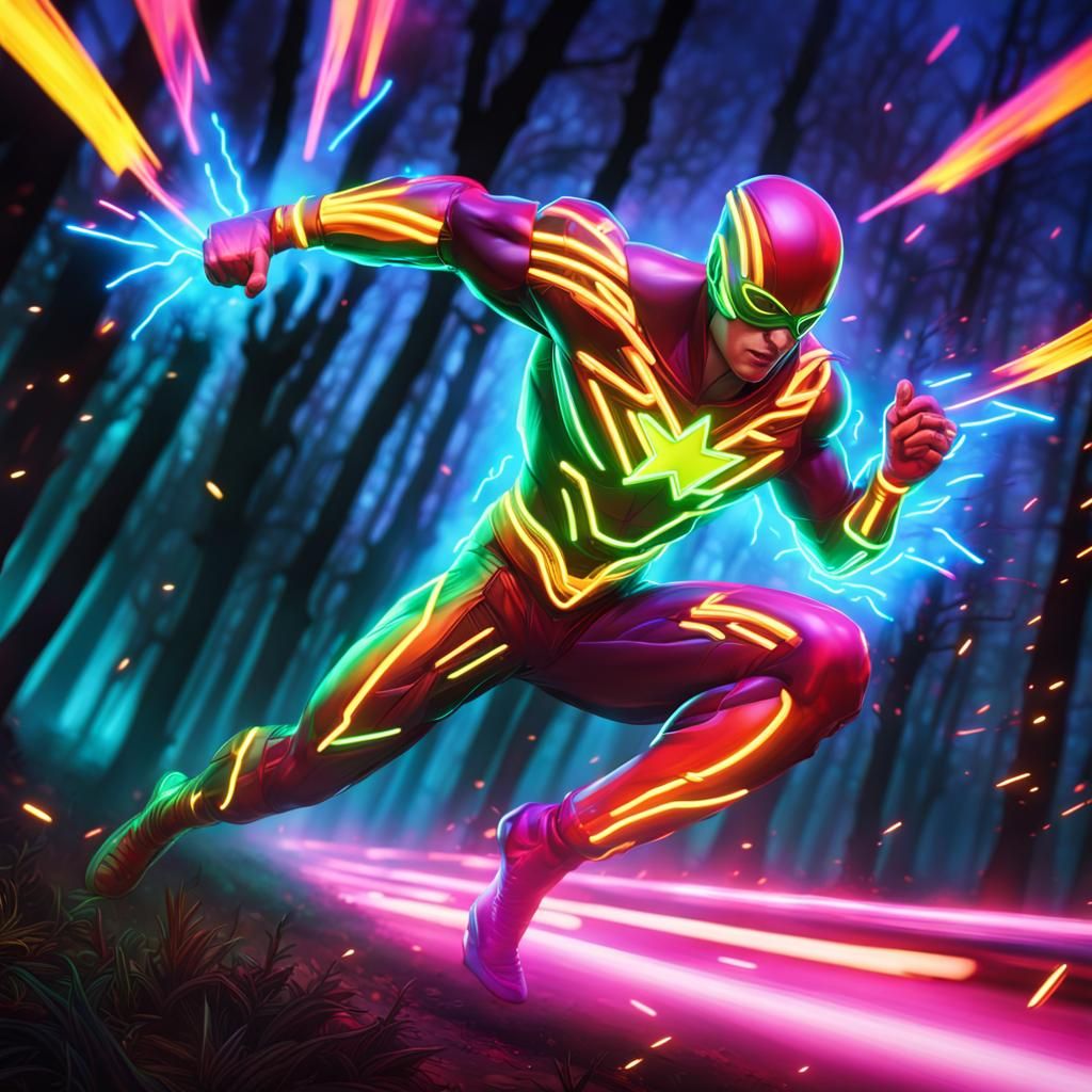 Blazing Neon Superhero Speeding Through Forest at Night