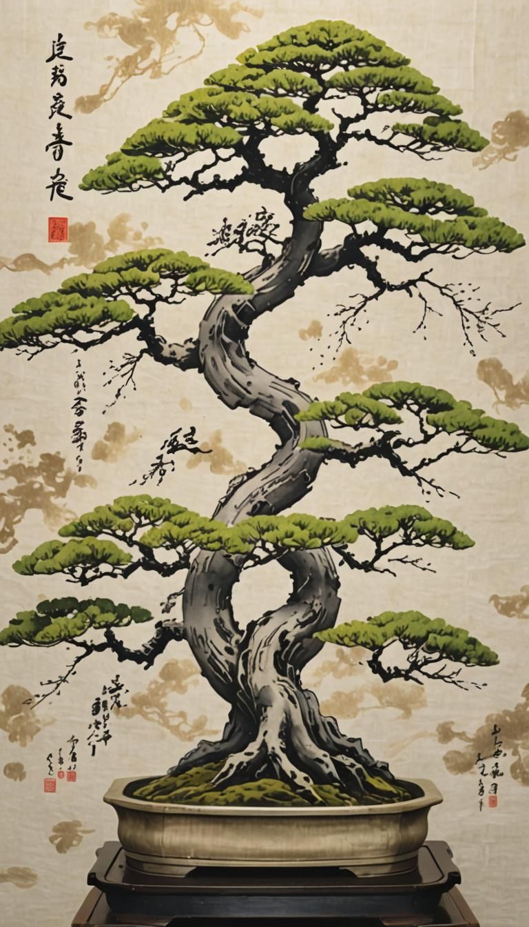 Bonsai Tree Surrounded by Kanji Calligraphy