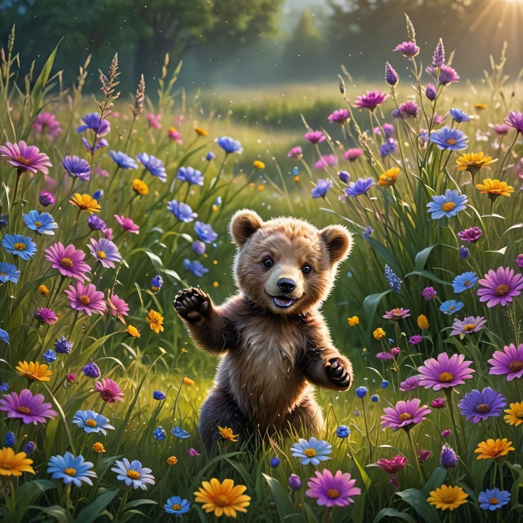 Happy Baby Bear in a Flower Meadow