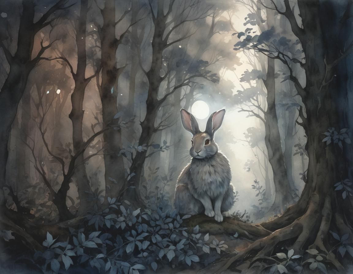 Luminous Rabbit in Forest: Surreal Watercolor Art