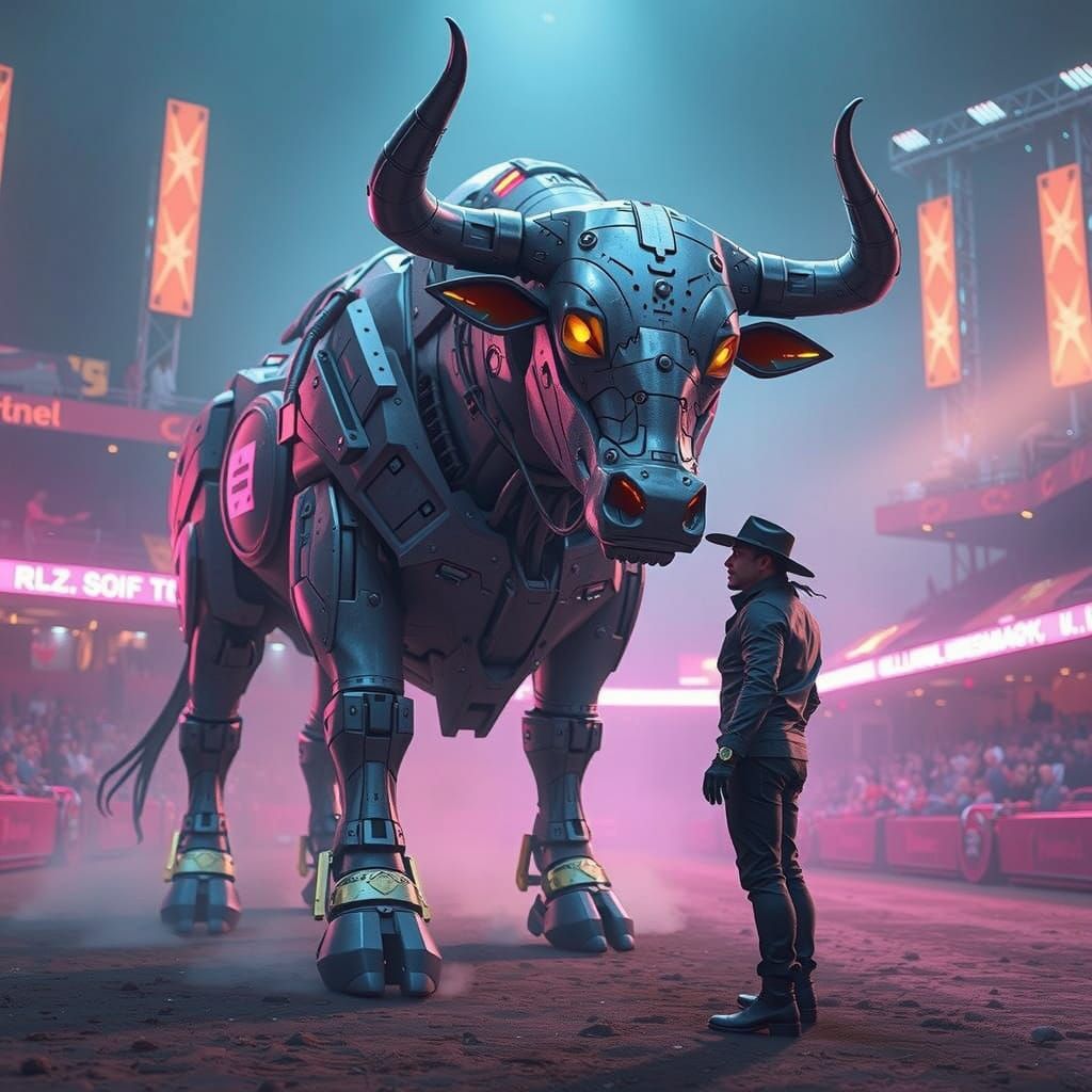 Mechanical Bull Dominates Fallen Android Cowboy in Neon-Lit ...