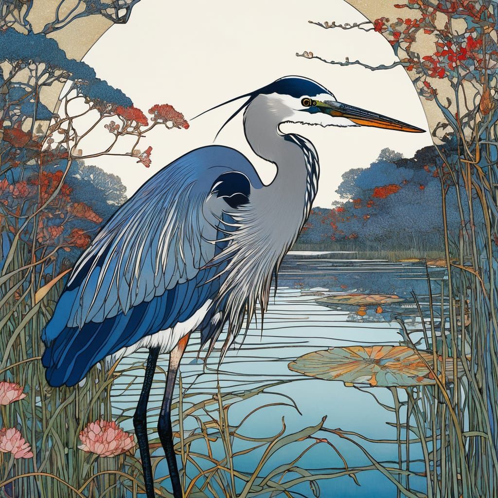 Intricately Drawn Great Blue Heron Night Fishing in Whimsica...