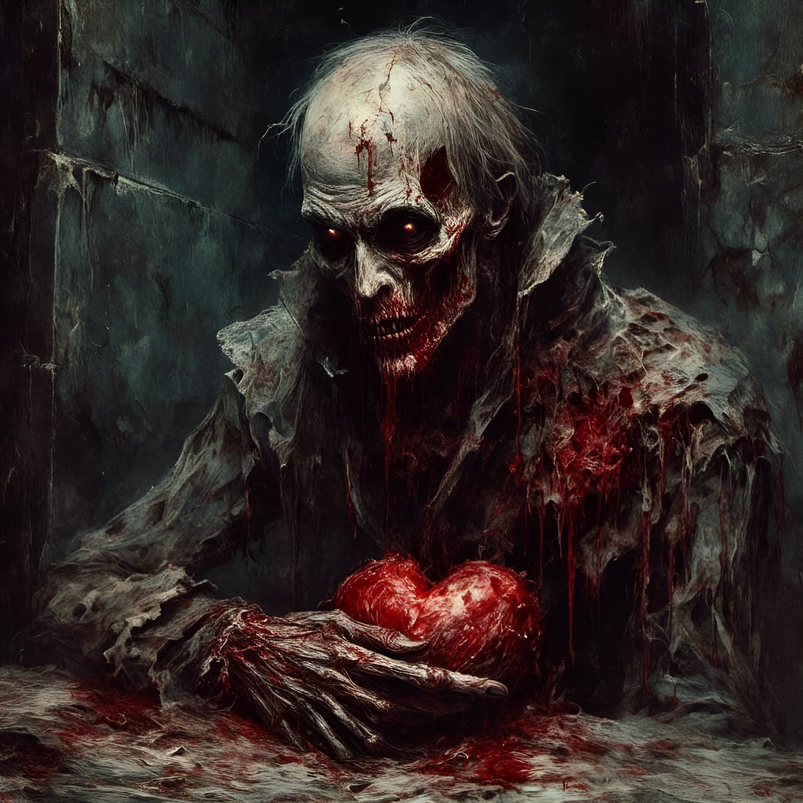 Zombie Feast in Crypt, Macabre Horror Illustration