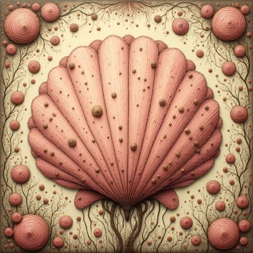 Whimsical Zentangled Seashell: Folk-Art Oil Painting