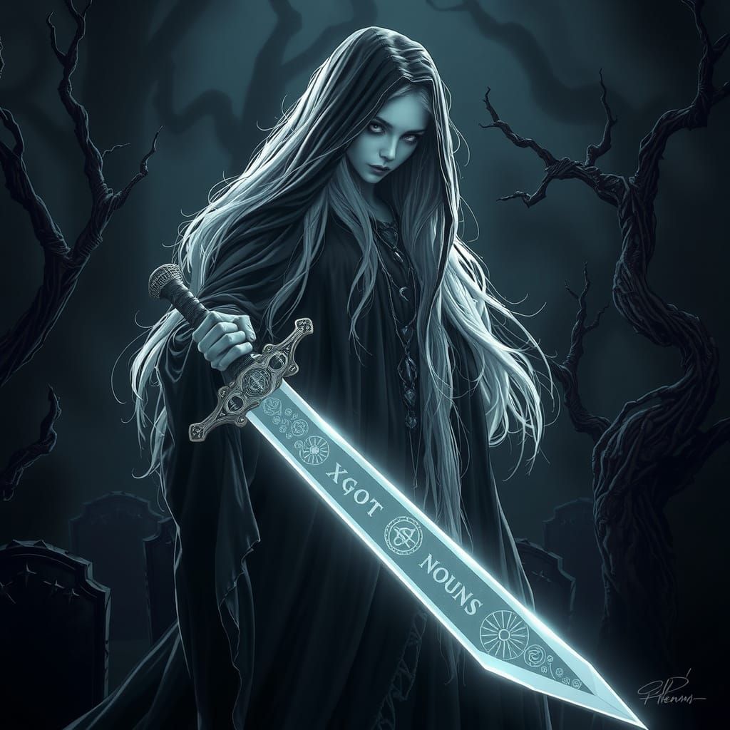 Ethereal Ghost Warrior in Dark Gothic Landscape