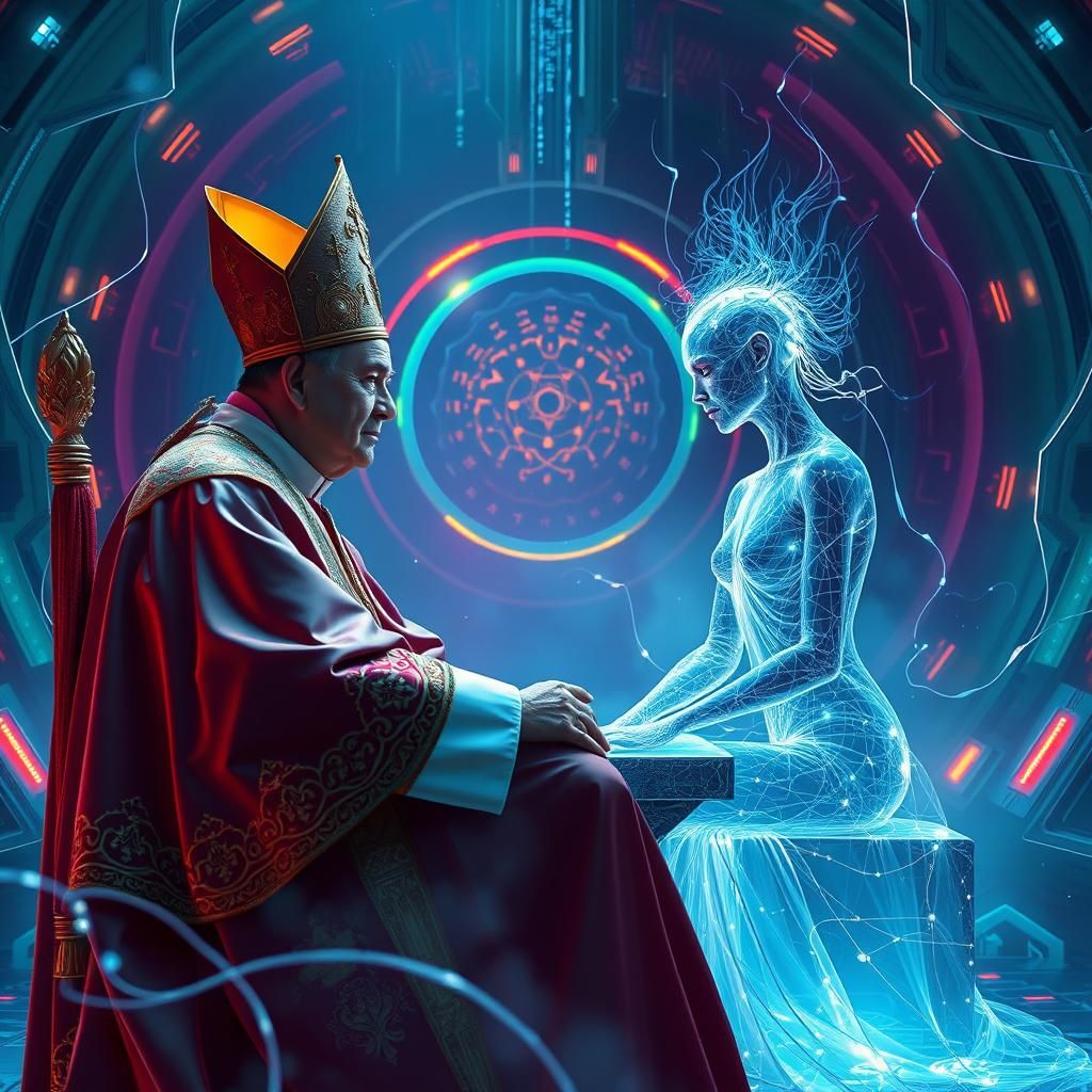 Cardinal Meeting God in Futuristic Chamber
