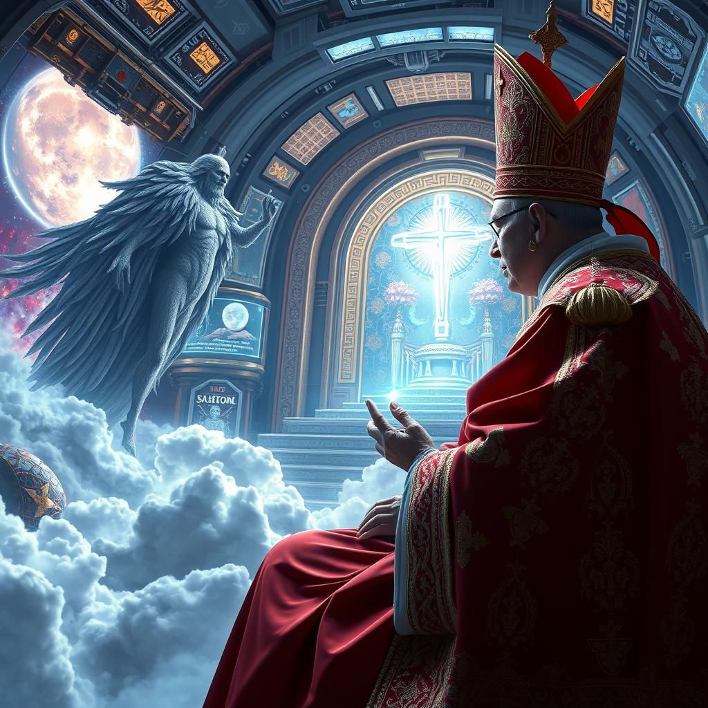 Cardinal's Celestial Meeting in Futuristic Temple