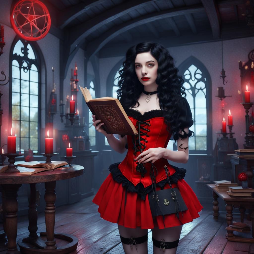 Young Witch Reading Spellbook in Gothic Home