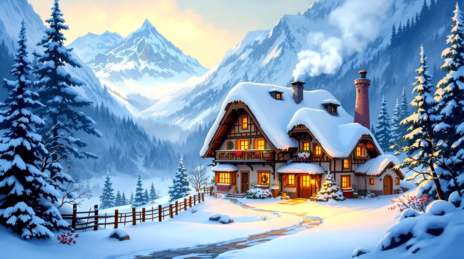 Cozy Chalet in Snowy Swiss Alps, Storybook Illustration Styl...