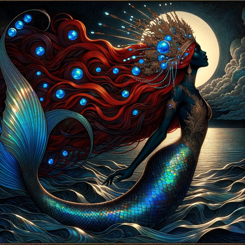 Dark Mermaid Queen with Golden Tiara and Iridescent Scales