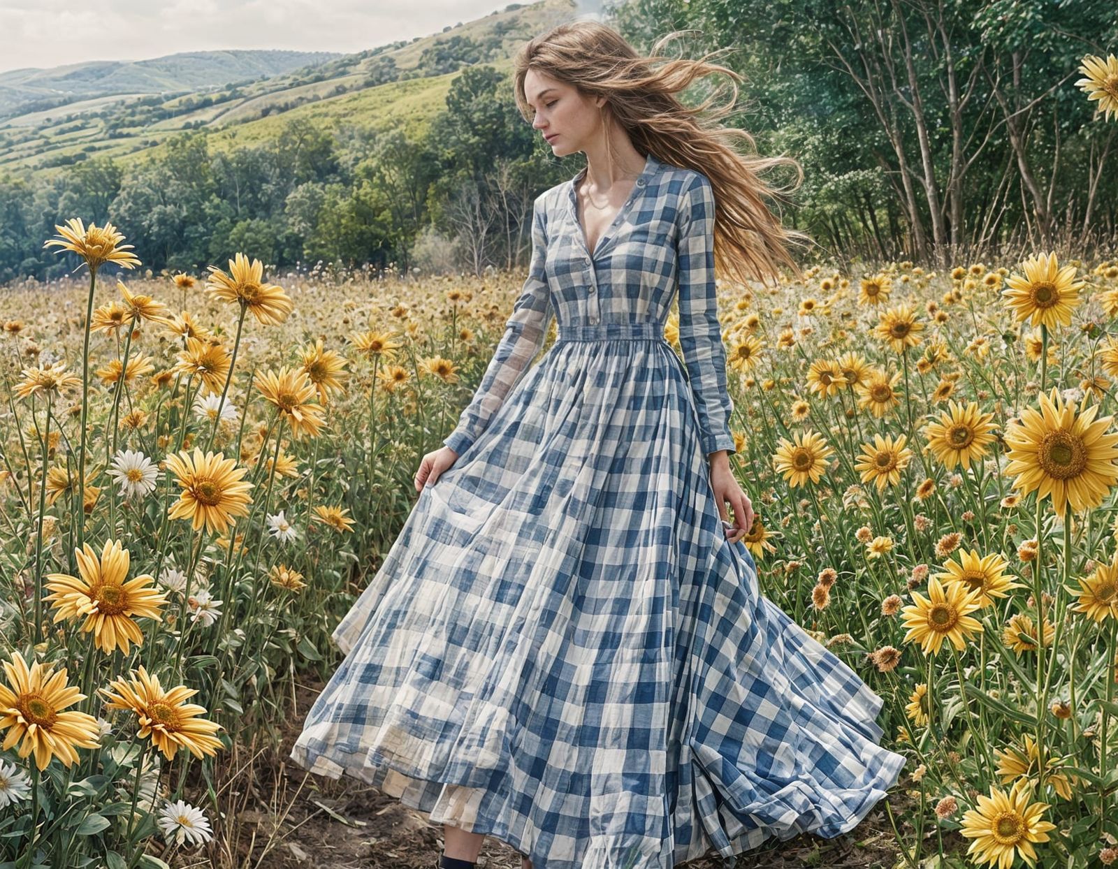 Woman Walking in Vibrant Gingham Fields