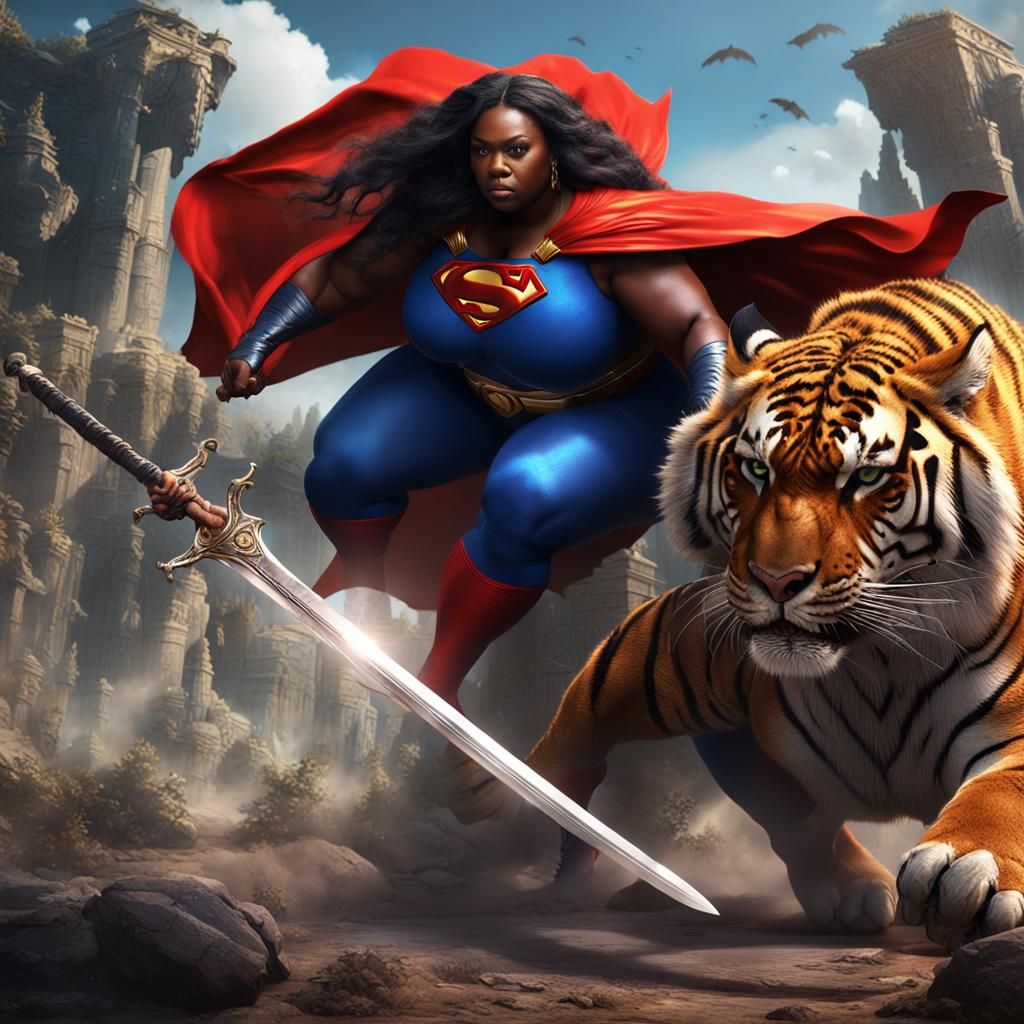 Superheroine Battles Tiger: Detailed Fantasy Concept Art