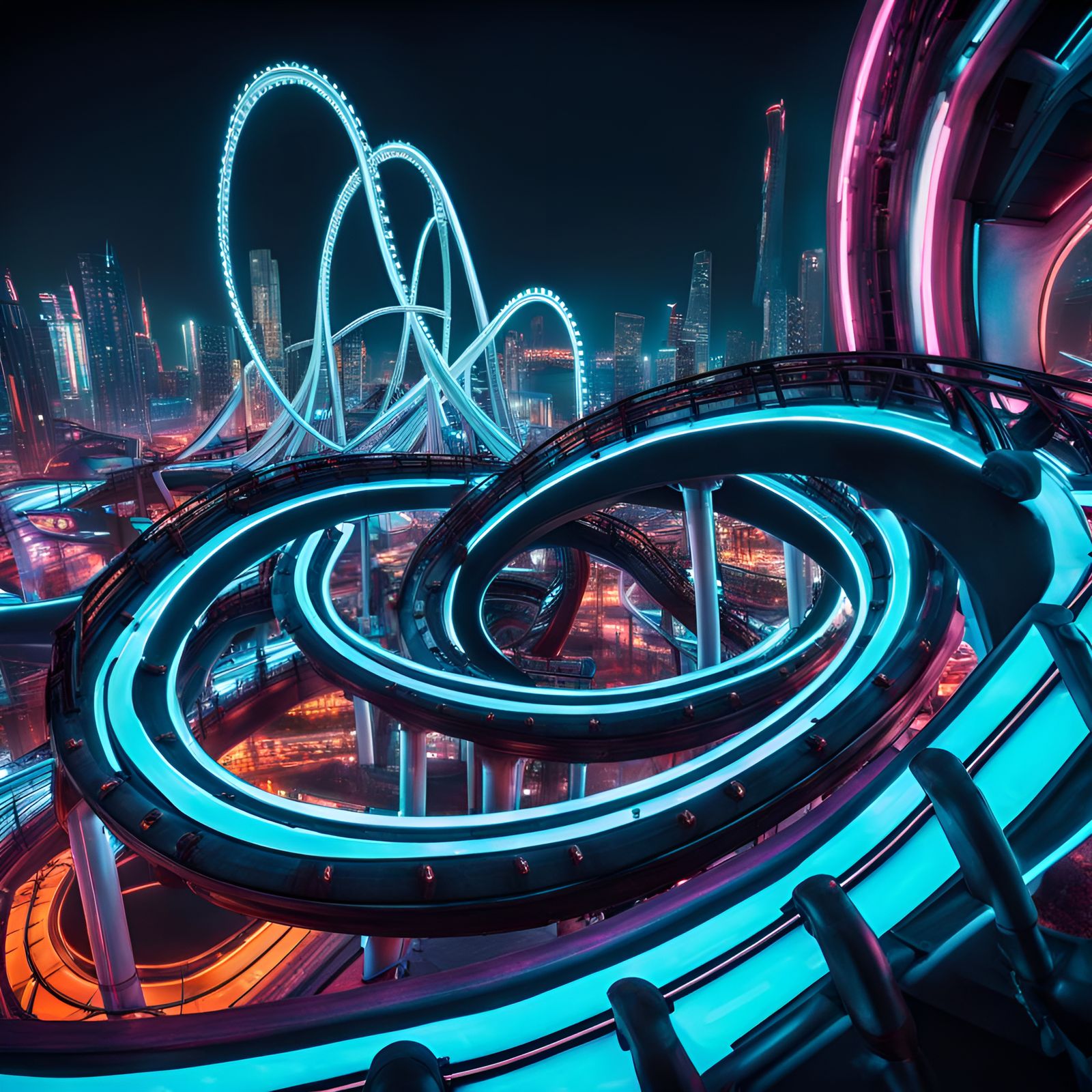 Cyberpunk Theme Park with Looping Roller Coasters