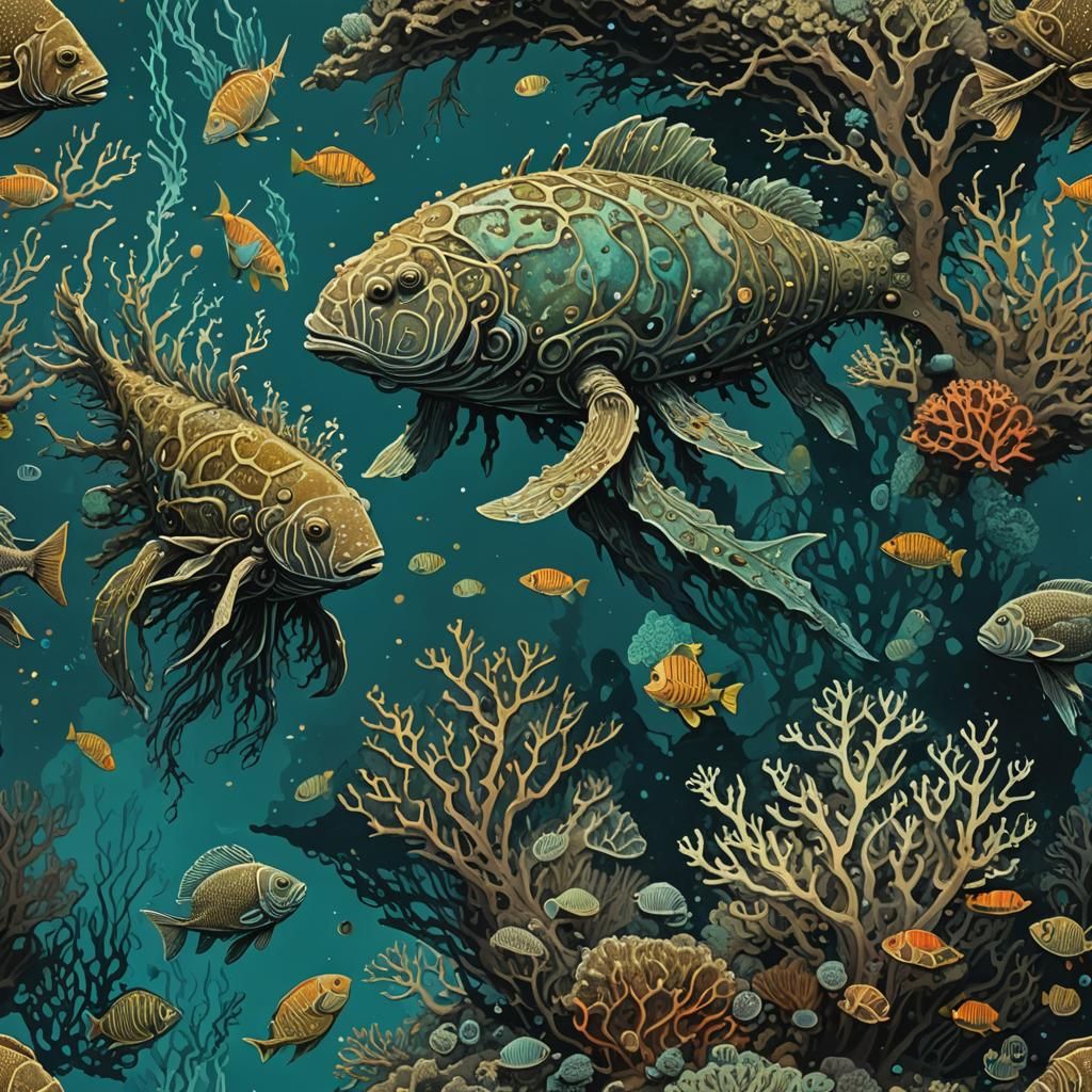 Ancient Underwater Creature in Bioluminescent Coral Reef