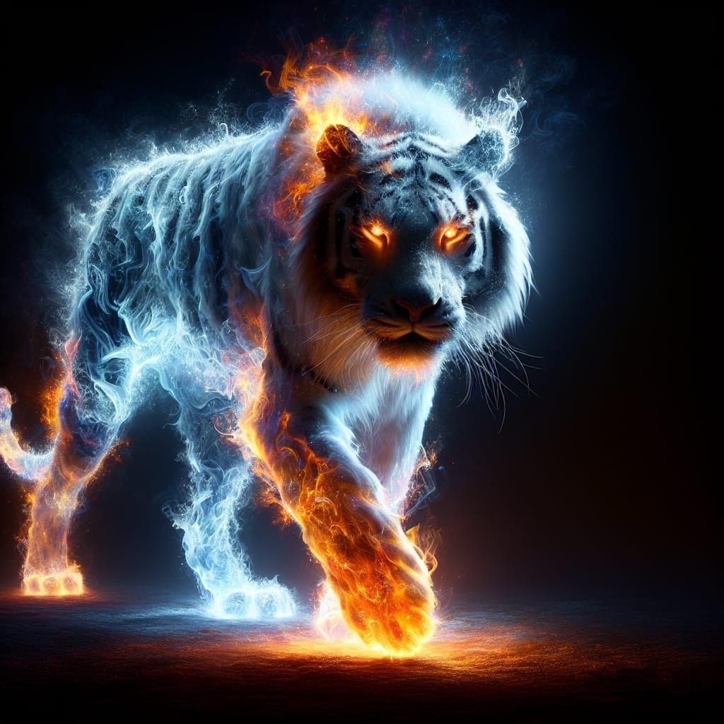 Spectacular Fire and Ice Tiger in Darkness