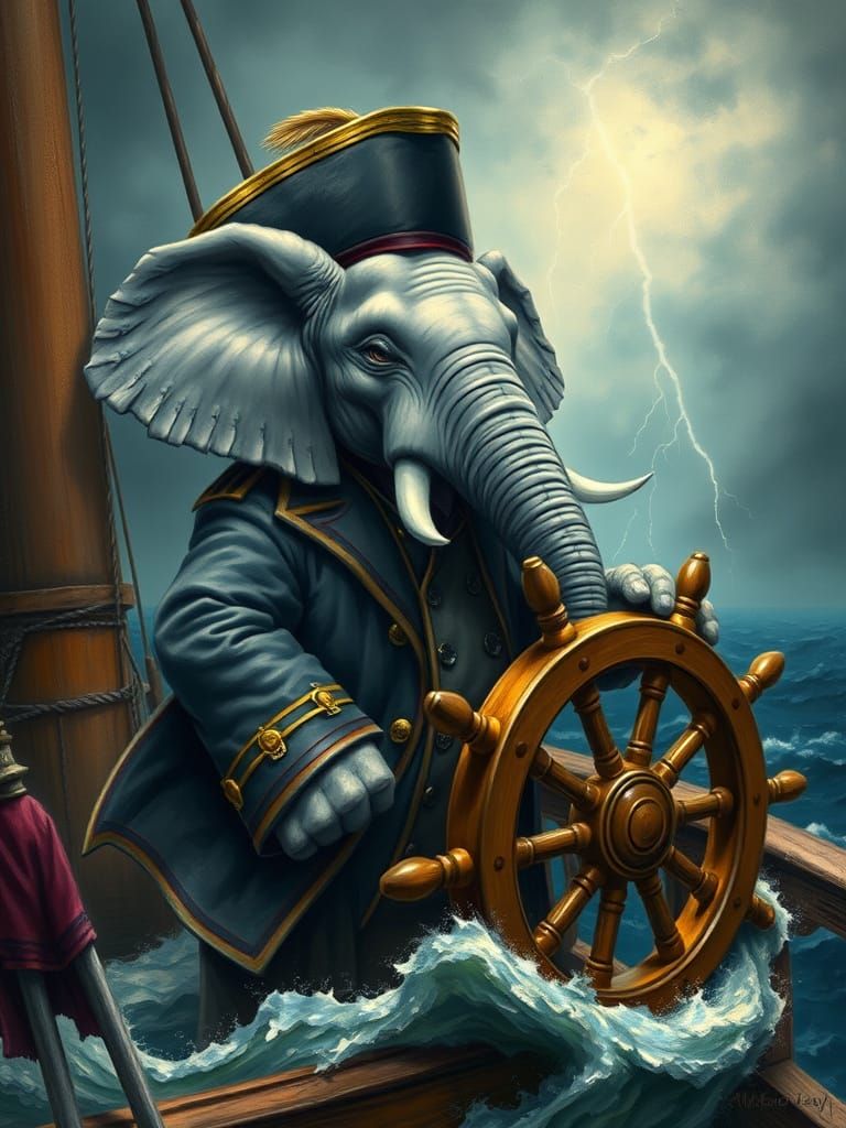 Elephant Captain Sailing Stormy Seas in Painterly Style