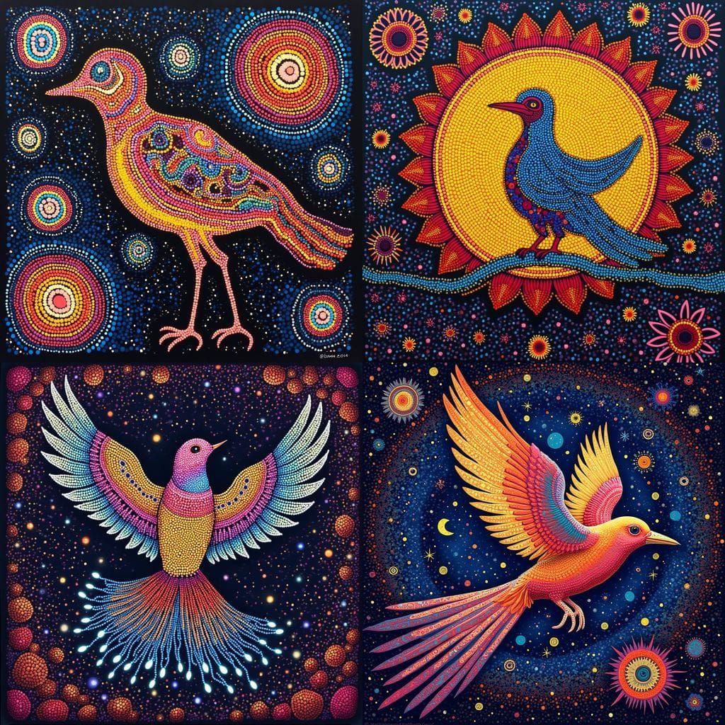 Vibrant Cosmic Vortexes with Aboriginal Dot Art Bird Sun