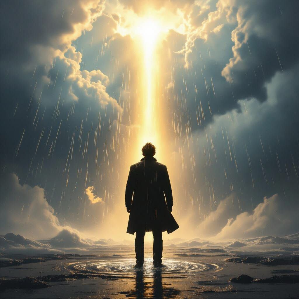 Man Bathed in Divine Light Amidst a Violent Storm