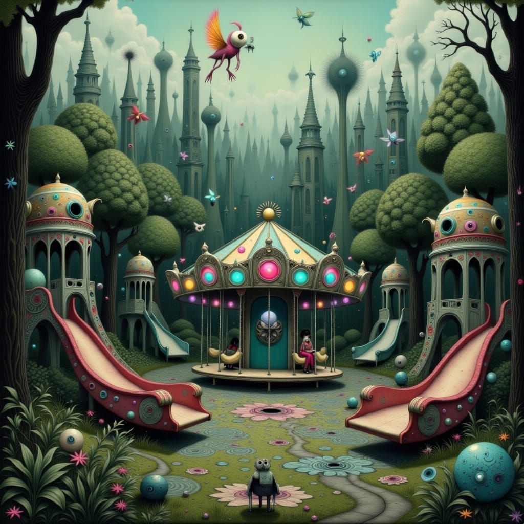 Eerie Abandoned Playground in Dark Surrealism Style
