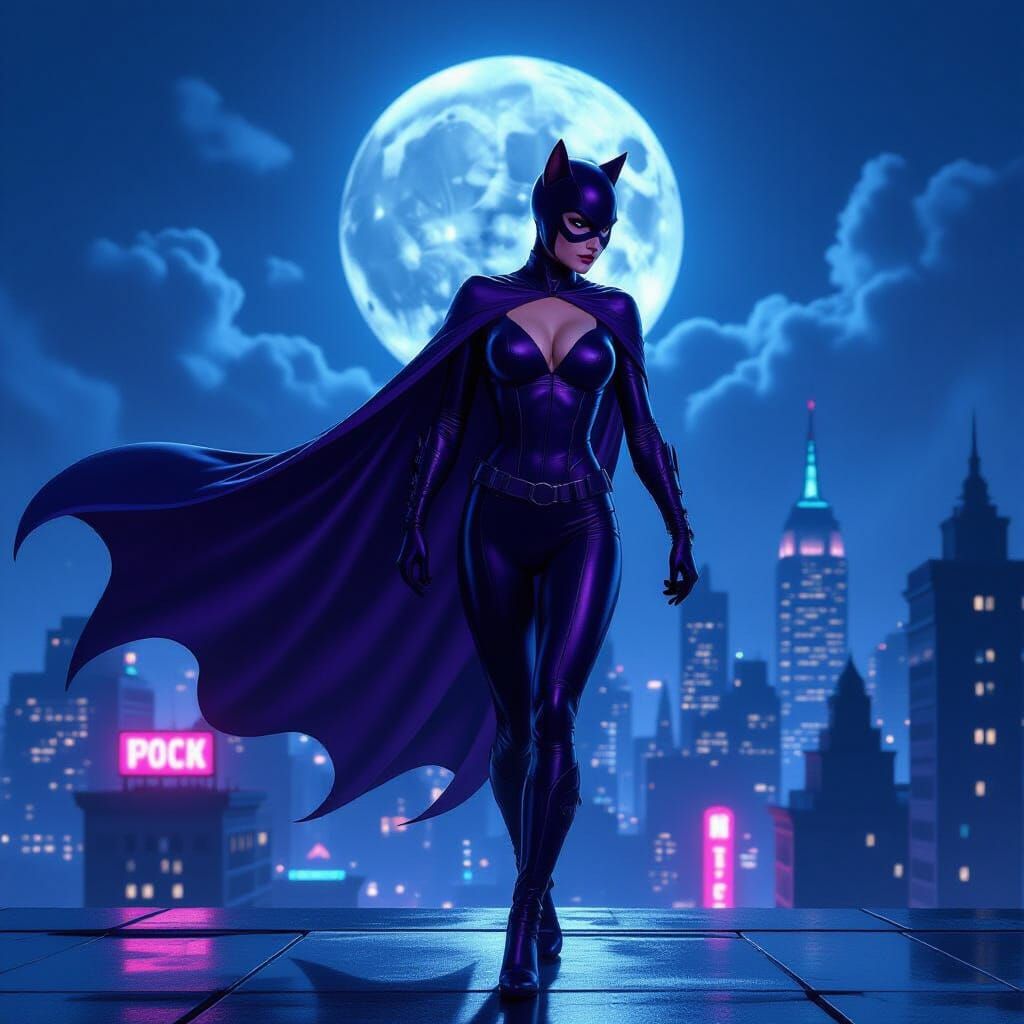 Catwoman Prowls Gotham Rooftop in Neo-Noir Style