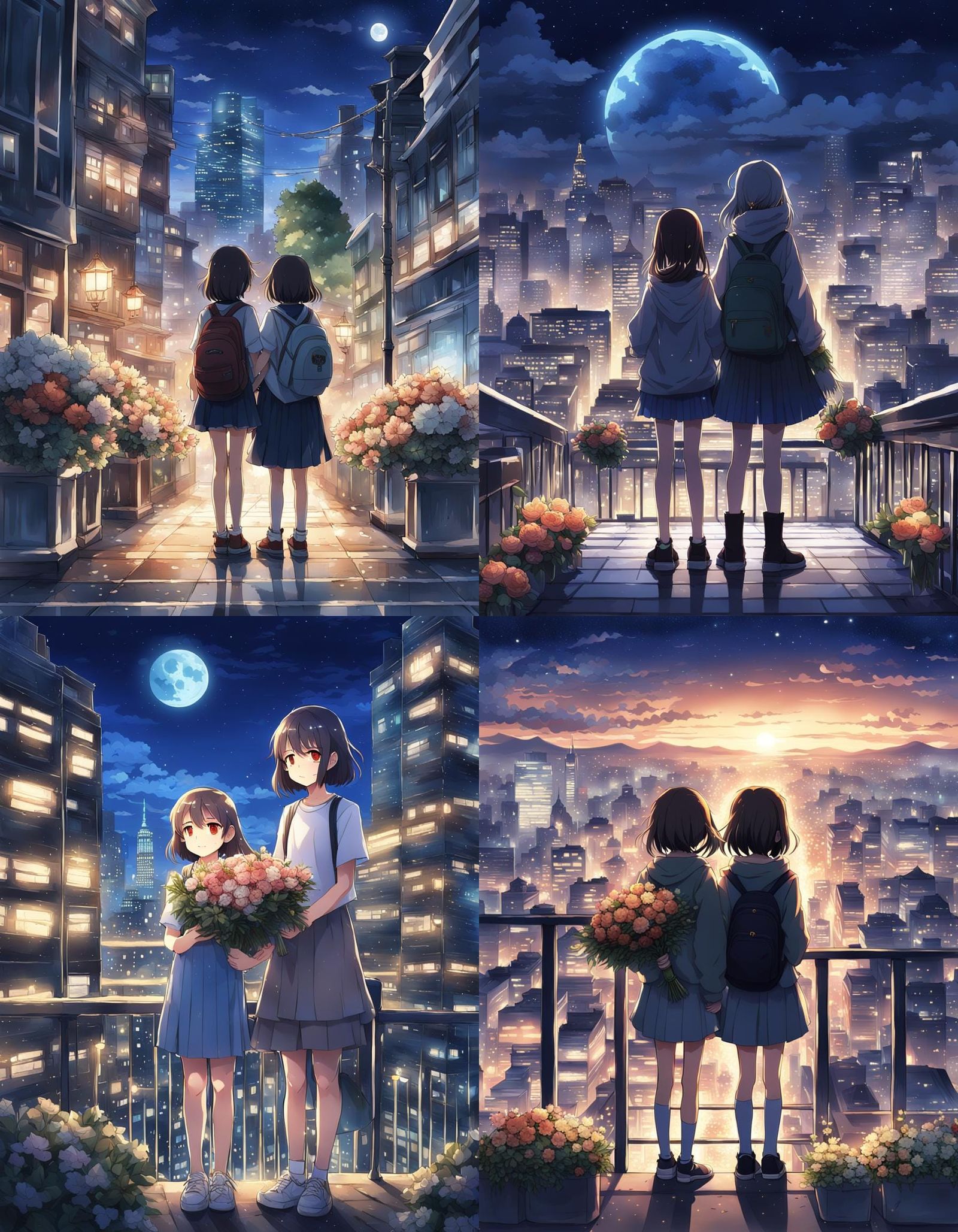 Sisters with Flowers in Anime Night City
