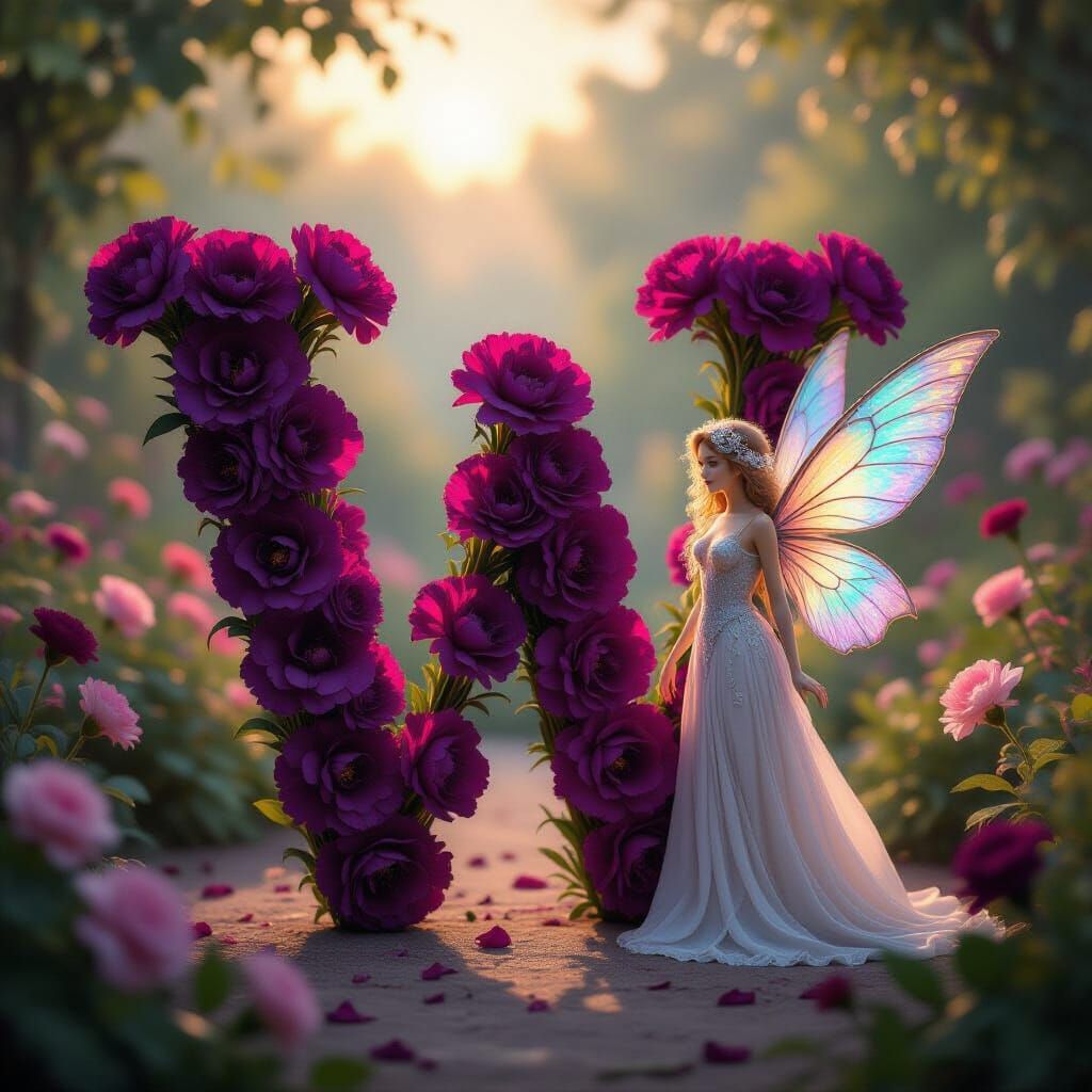Fairy Beside Purple Carnation "W" in Sunset Garden