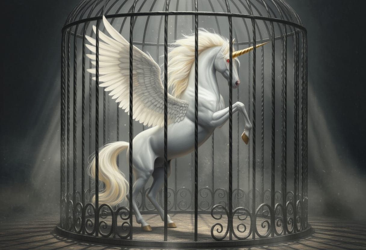 Majestic Pegasus Trapped in Ornate Wrought Iron Cage