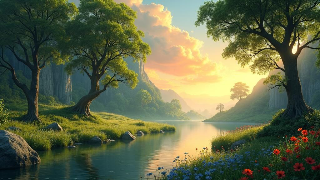 Idyllic Valley with Lake and Sunrise in Art Nouveau Style