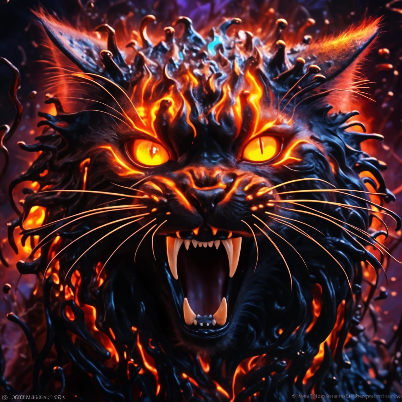 Ethereal Lava Cat with Fire Spiders, Horror Art
