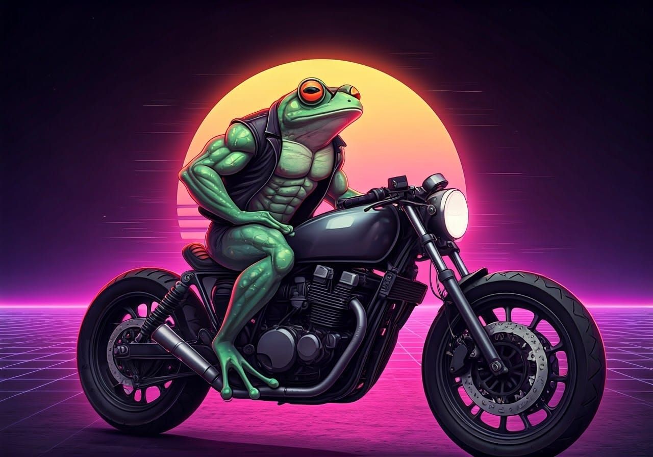 Retro-Futuristic Frog Cruises Neon Dreamscape