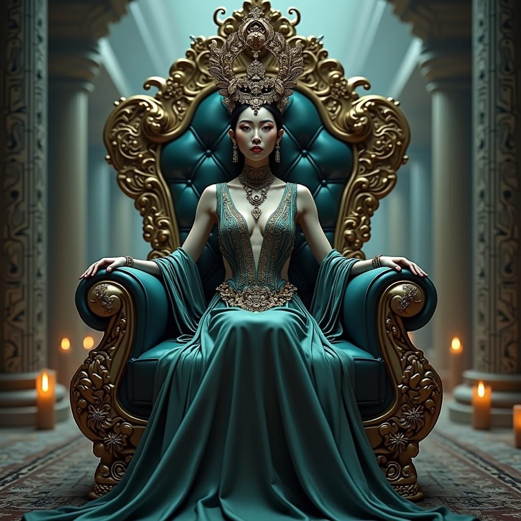 Asian Goddess on Throne in Fantasy Matte Painting