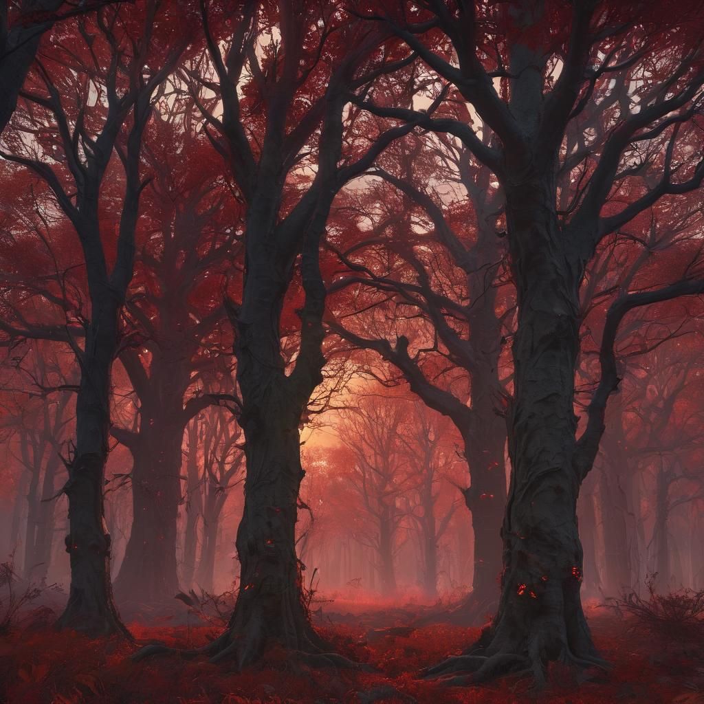 Red Forest with Dark Creatures in Digital Painting