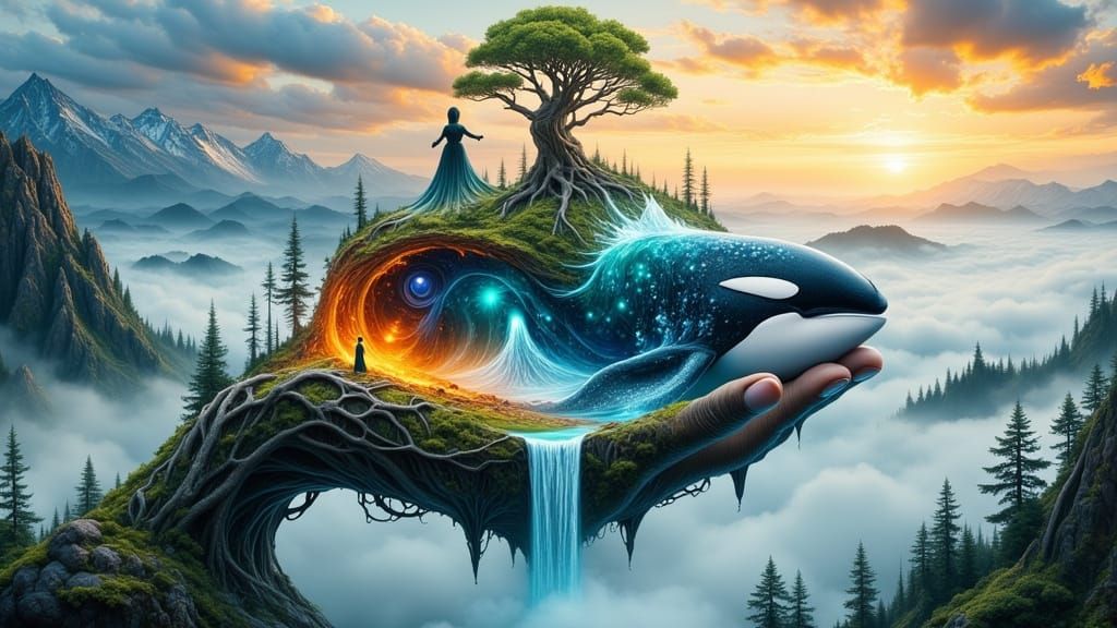 Ethereal Dreamscapes: Ancient Hands Cradle Majestic Orca in ...